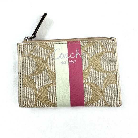Coach Tan Pink Signature Coated Canvas Wallet Coin Purse Stripes Key Ring - Picture 1 of 7